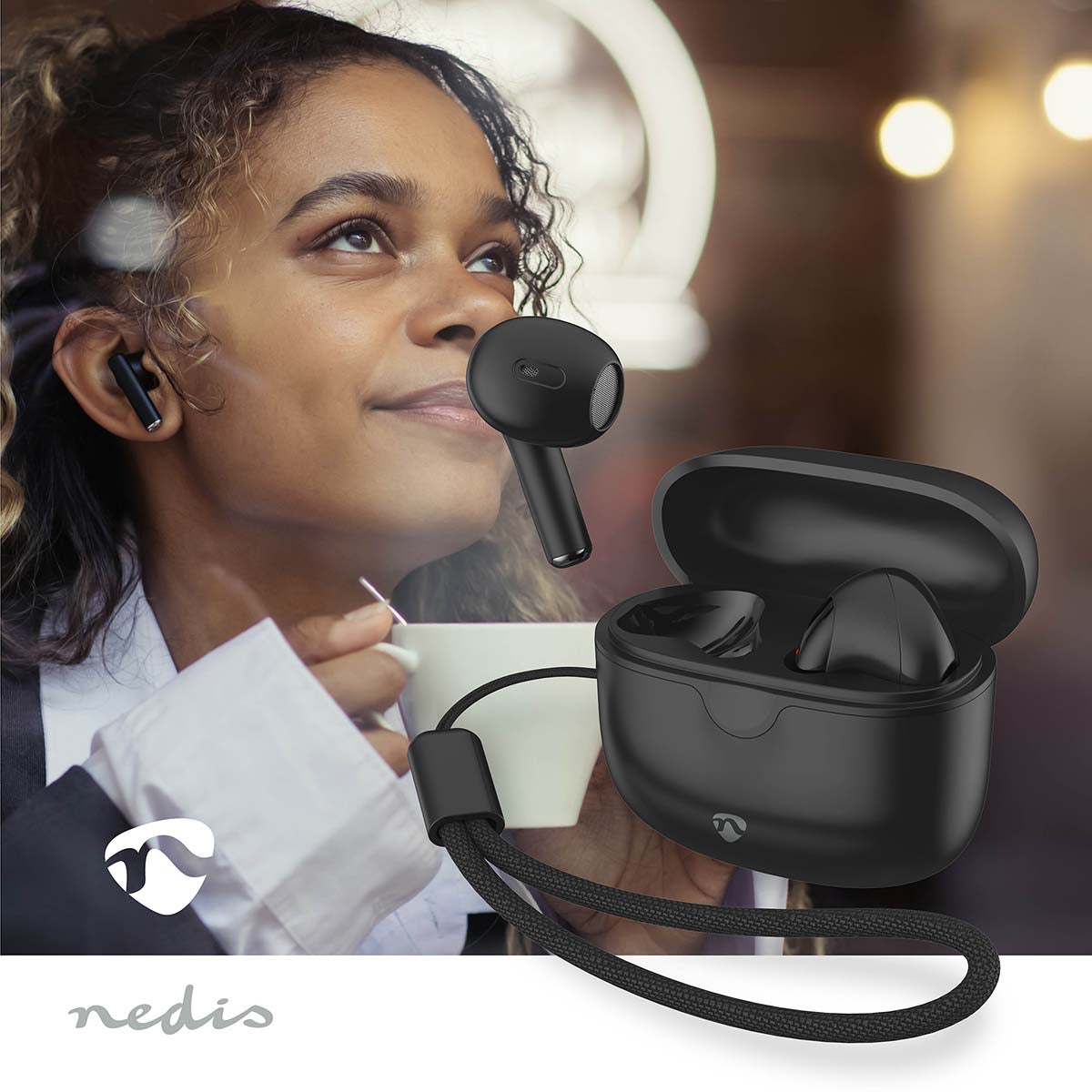 Fully Wireless Earphones | Bluetooth® | Maximum battery play time: 16 hrs | Touch Control | Charging case | Wireless charging case | Built-in microphone | Voice control support | Black