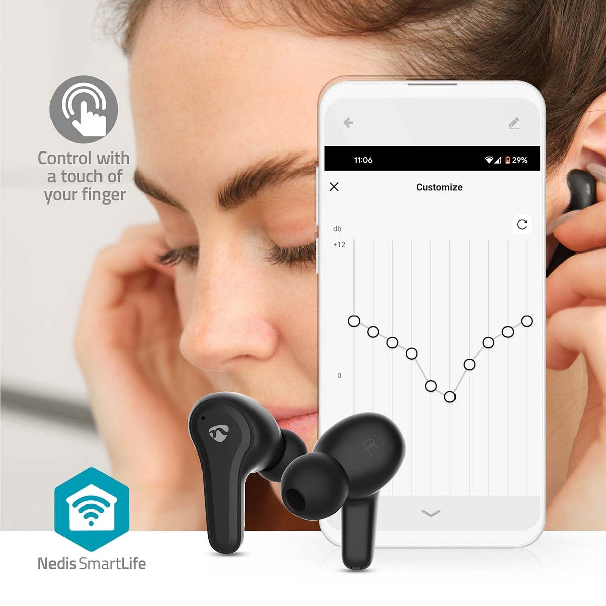 Fully Wireless Earphones | Hybrid (ENC + ANC) | Bluetooth® | Maximum battery play time: 36 hrs | Touch Control | Charging case | Wireless charging case | Built-in microphone | Voice control support | Black