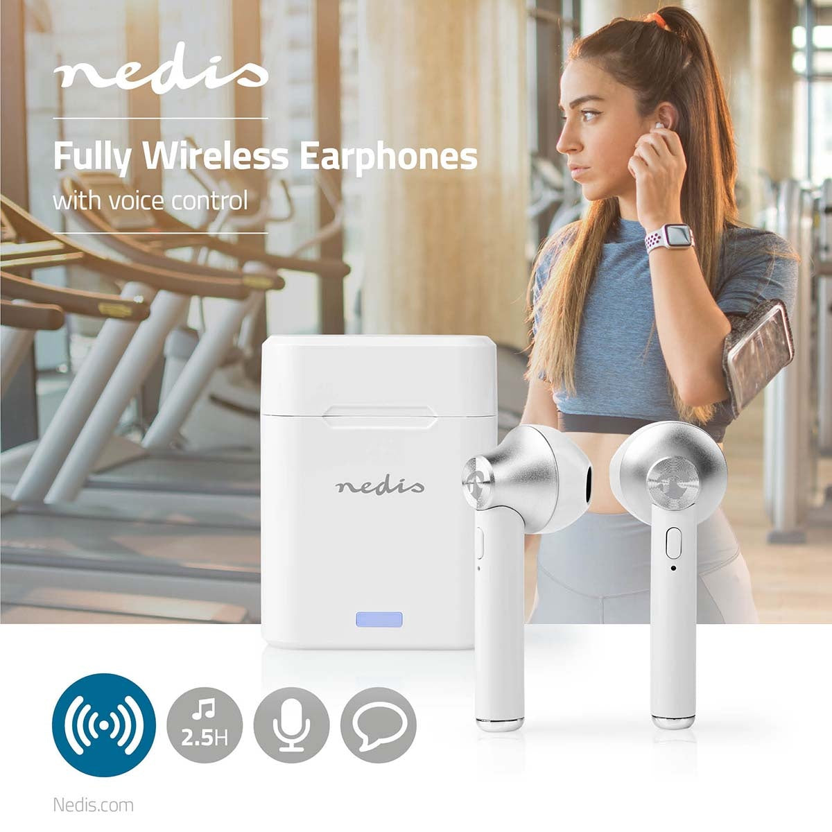 Fully Wireless Headphones | Bluetooth® | Maximum battery life: 2.5 hours | Press Control | Battery cover | Built-in microphone | Support for voice control | White