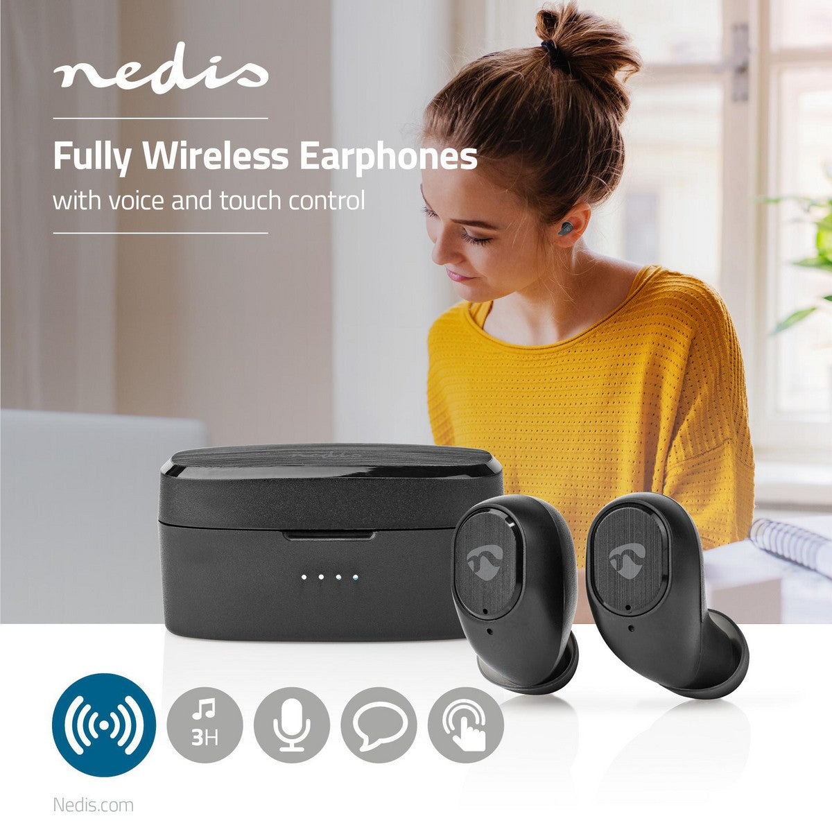 Fully Wireless Headphones | Bluetooth® | Maximum battery life: 3 hours | Press Control | Battery cover | Built-in microphone | Support for voice control | Black