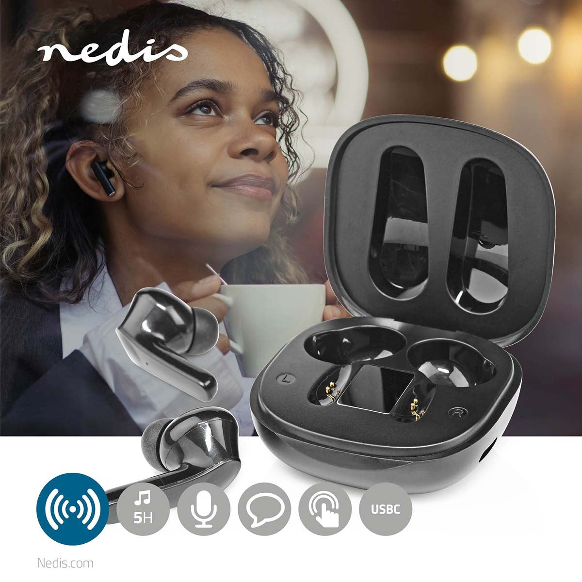 Fully Wireless Headphones | Bluetooth® | Maximum battery life: 5 hours | Press Control | Battery cover | Built-in microphone | Support for voice control | Noise reduction | Black