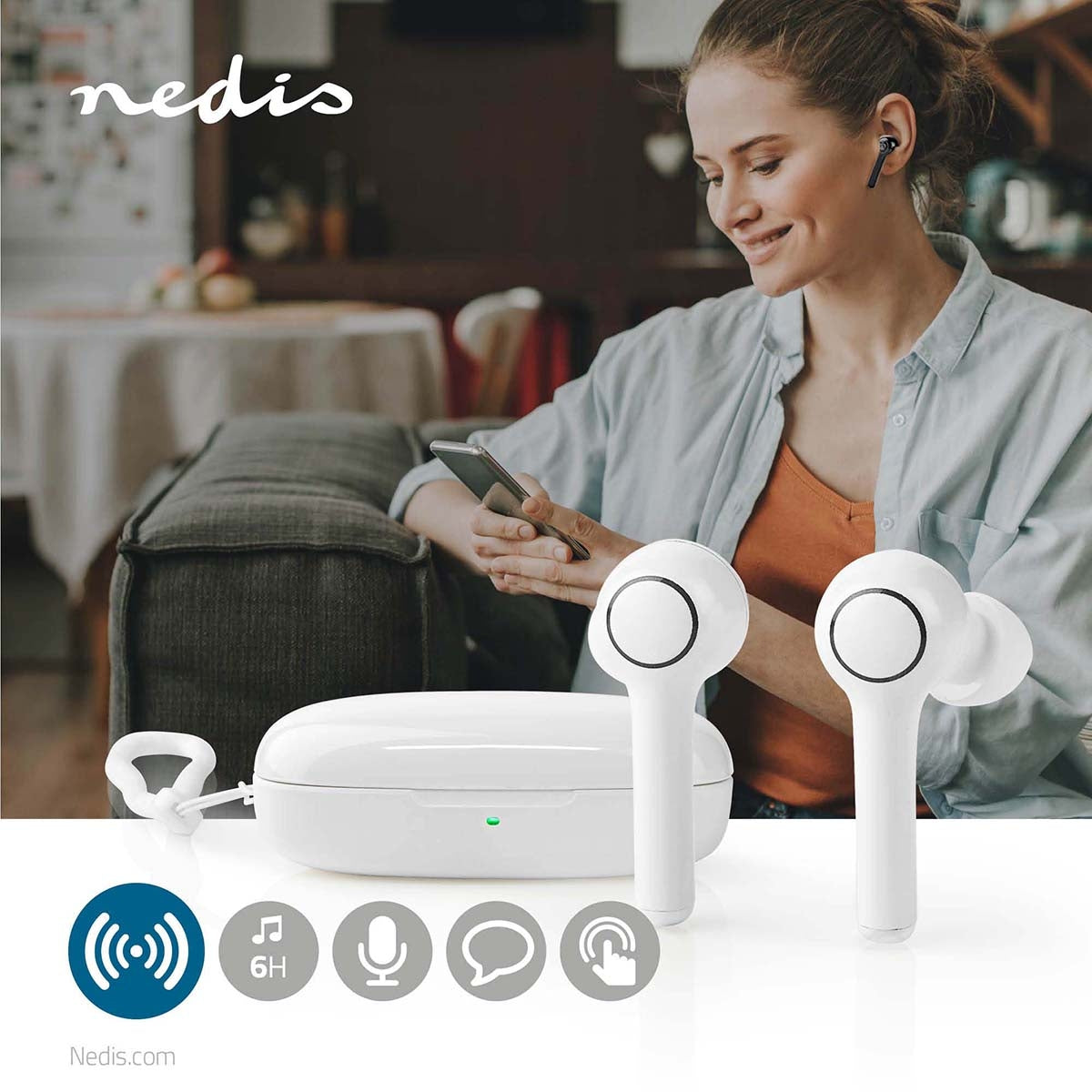 Fully Wireless Headphones | Bluetooth® | Maximum battery life: 6 hours | Press Control | Battery cover | Built-in microphone | Support for voice control | White
