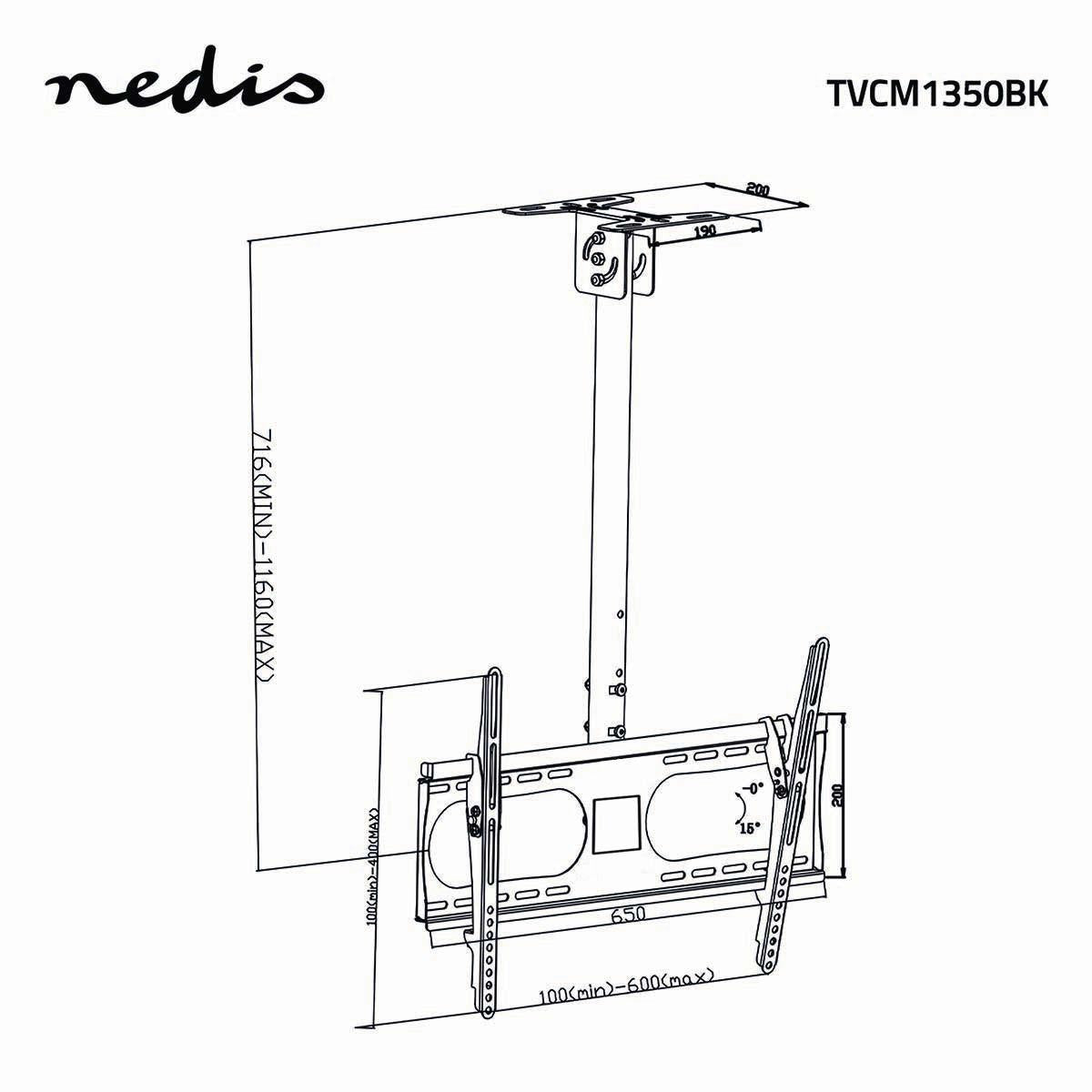 Fully movable ceiling TV mount | 42-65 " | Maximum screen weight supported: 45 kg | Tiltable | Rotatable | Minimum ceiling distance: 716 mm | Maximum ceiling distance: 1160 mm | 1 Pivot point(s) | Steel | Black