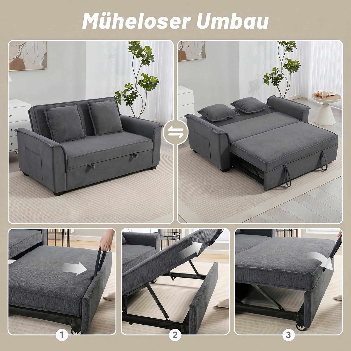 Futon Sofa Bed, Adjustable Backrest, 2 Seater, Dark Gray, 2 Pillows