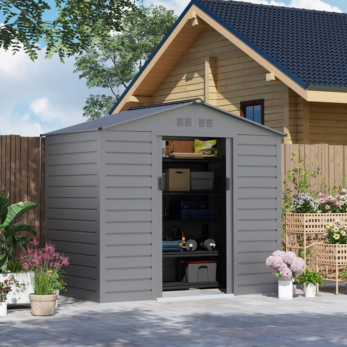 Galvanized steel tool shed 2.43? 213x131x192cm Tool Shed with Gable Roof, Lockable Sliding Door, Weatherproof Garden Shed, Outdoor Garden Shed for Backyard Outdoor Area, Gray