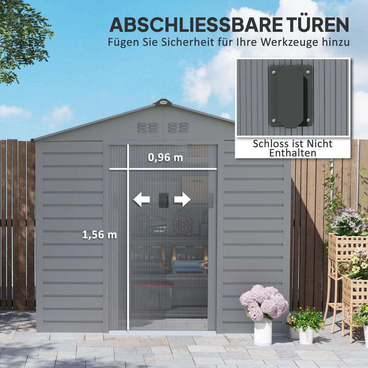 Galvanized steel tool shed 2.43? 213x131x192cm Tool Shed with Gable Roof, Lockable Sliding Door, Weatherproof Garden Shed, Outdoor Garden Shed for Backyard Outdoor Area, Gray