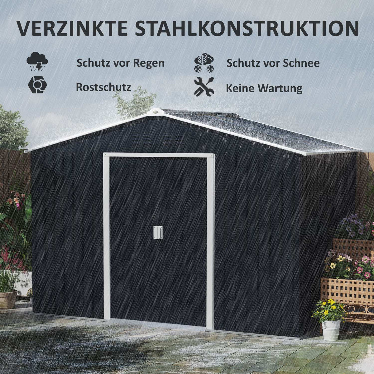 Galvanized steel tool shed 4.9m² 277x195x192cm tool shed with gable roof, foundation, lockable sliding door, weatherproof garden shed, outdoor garden shed for backyard dark gray