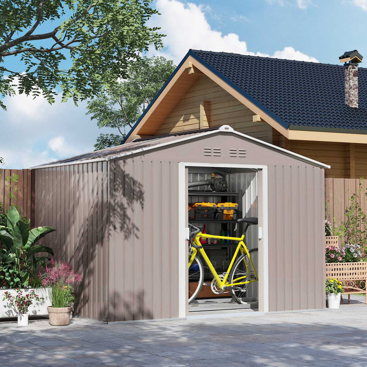 Galvanized steel tool shed 4.9m² 277x195x192cm tool shed with gable roof, foundation, lockable sliding door, weatherproof garden shed, outdoor garden shed for backyard light gray