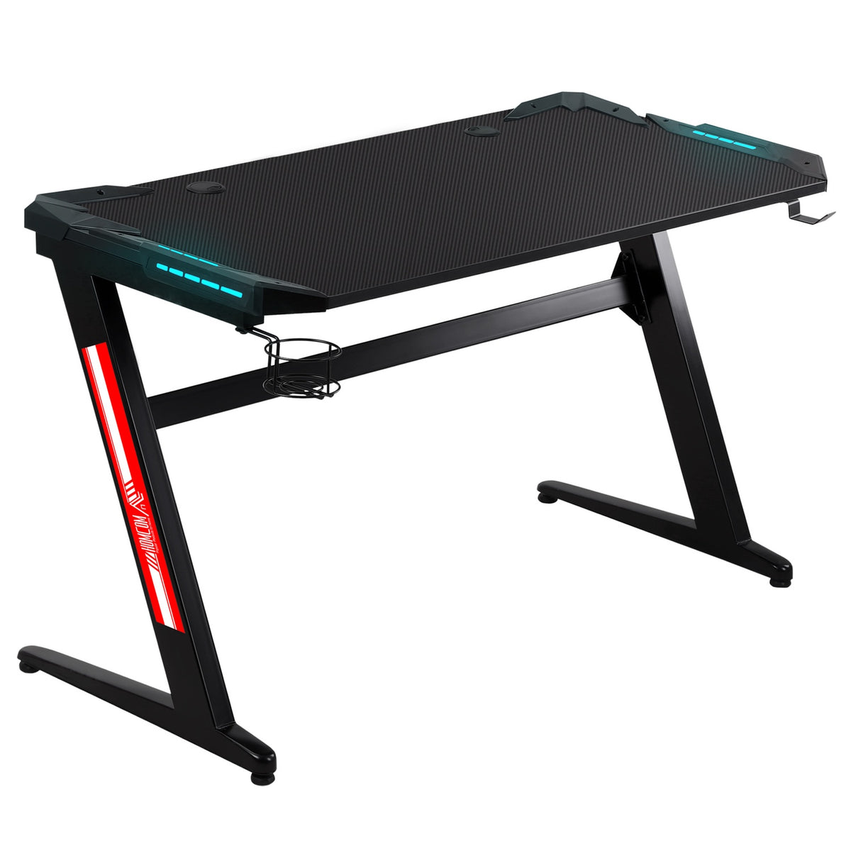 Gamer Desk With Led Light, Cup Holder, Headphone Hook, Z-Design Office Table, Mdf Metal Abs, Black, 120X60X73Cm