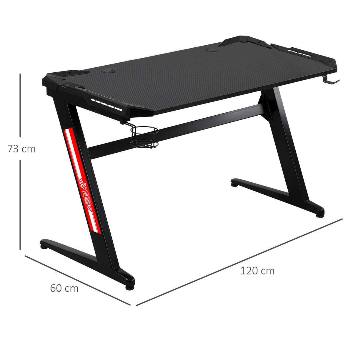 Gamer Desk With Led Light, Cup Holder, Headphone Hook, Z-Design Office Table, Mdf Metal Abs, Black, 120X60X73Cm