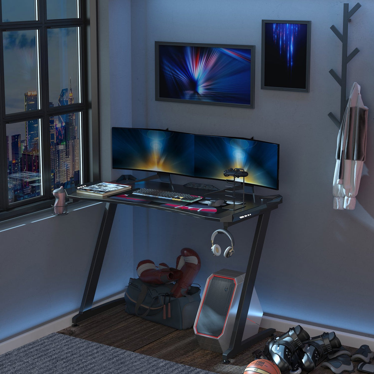 Gamer Desk With Led Light, Cup Holder, Headphone Hook, Z-Design Office Table, Mdf Metal Abs, Black, 120X60X73Cm