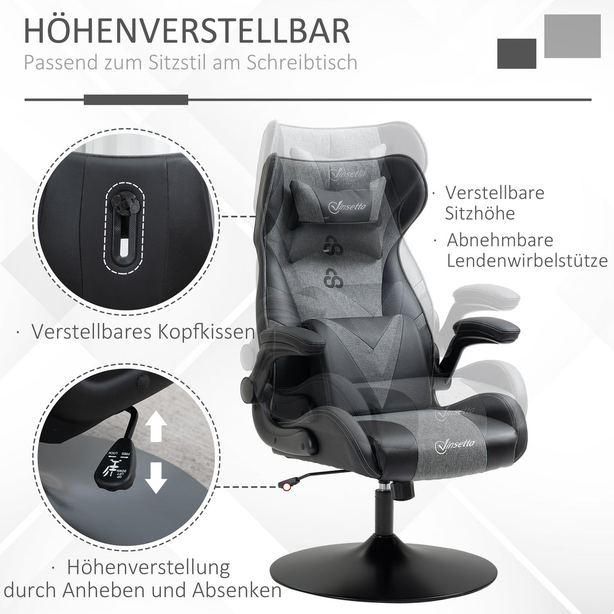 Gaming Chair, Adjustable Height, Black/Grey, Ergonomic Design