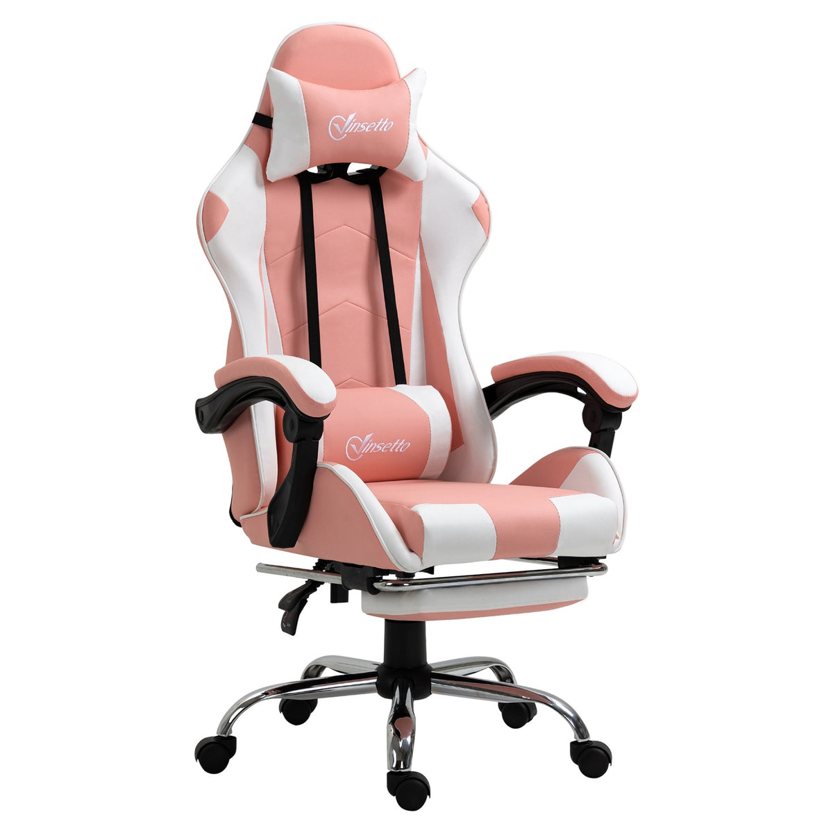 Gaming Chair, Computer Chair, Ergonomic Office Chair With Headrest, Lumbar Cushion, Height Adjustable, 360° Rotatable, Pink + White