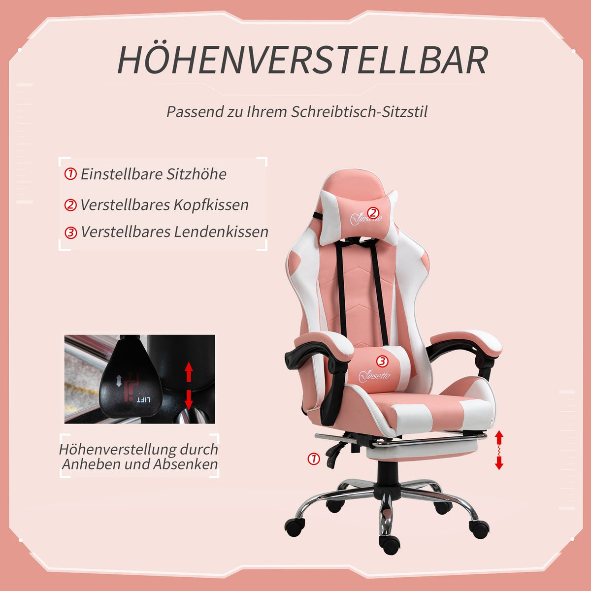 Gaming Chair, Computer Chair, Ergonomic Office Chair With Headrest, Lumbar Cushion, Height Adjustable, 360° Rotatable, Pink + White