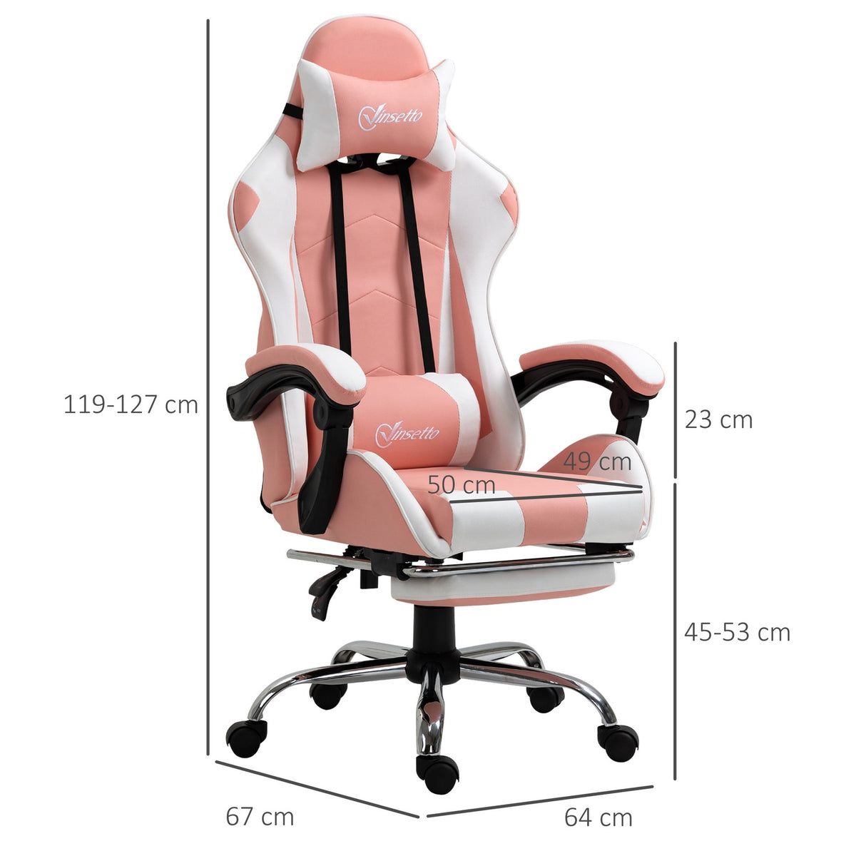 Gaming Chair, Computer Chair, Ergonomic Office Chair With Headrest, Lumbar Cushion, Height Adjustable, 360° Rotatable, Pink + White