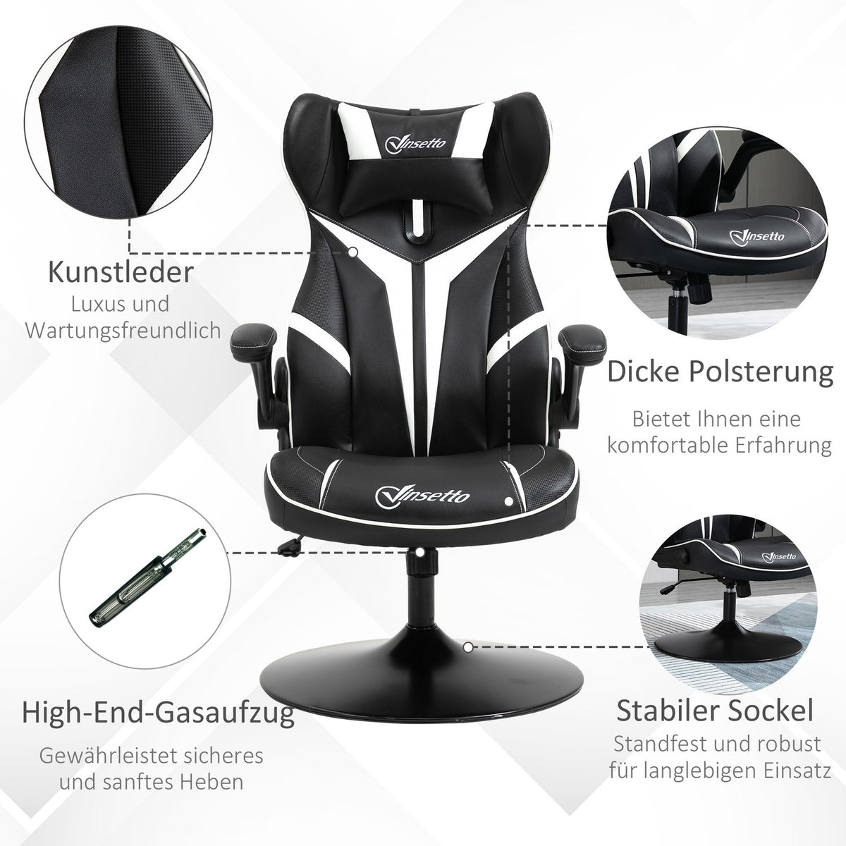 Gaming Chair Ergonomic Computer Chair With Rocker Function Swivel Chair Height Adjustable Steel Black + White 67 X 75 X 106-112 Cm