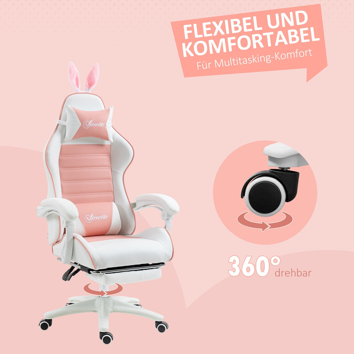 Gaming Chair Ergonomic Gamer Chair with Lumbar Support, Footrest, Gaming Chair with Rabbit Ears, Pillow, Height-Adjustable Office Chair with Adjustable Reclining Function Pink |
