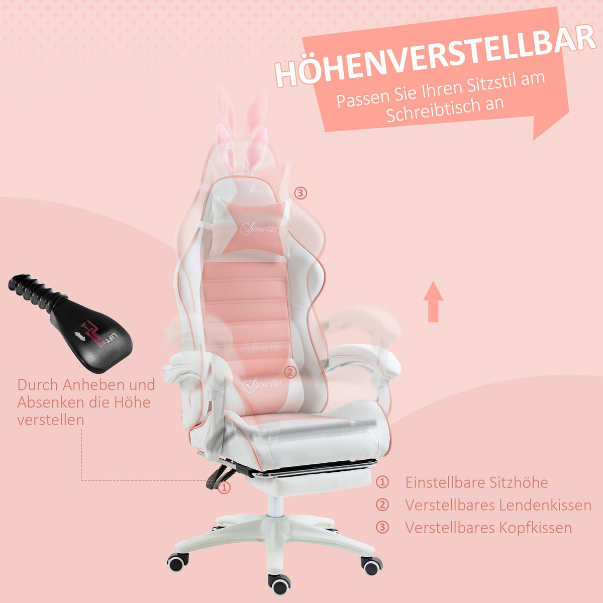 Gaming Chair Ergonomic Gamer Chair with Lumbar Support, Footrest, Gaming Chair with Rabbit Ears, Pillow, Height-Adjustable Office Chair with Adjustable Reclining Function Pink |