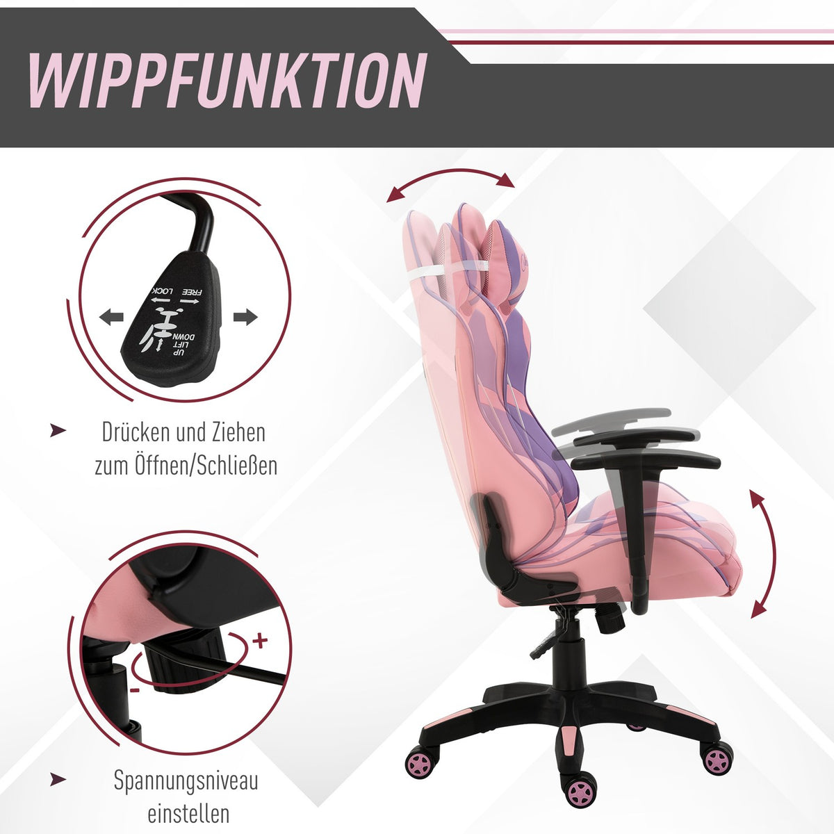 Gaming Chair Ergonomic Office Chair, Swivel Chair, Adjustable Massage Lumbar Cushion, Height Adjustable, Pink & Purple, 69X56X125.5Cm