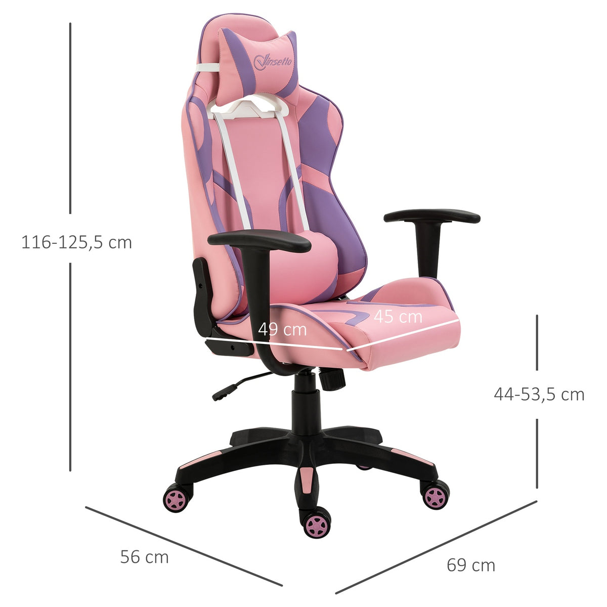 Gaming Chair Ergonomic Office Chair, Swivel Chair, Adjustable Massage Lumbar Cushion, Height Adjustable, Pink & Purple, 69X56X125.5Cm