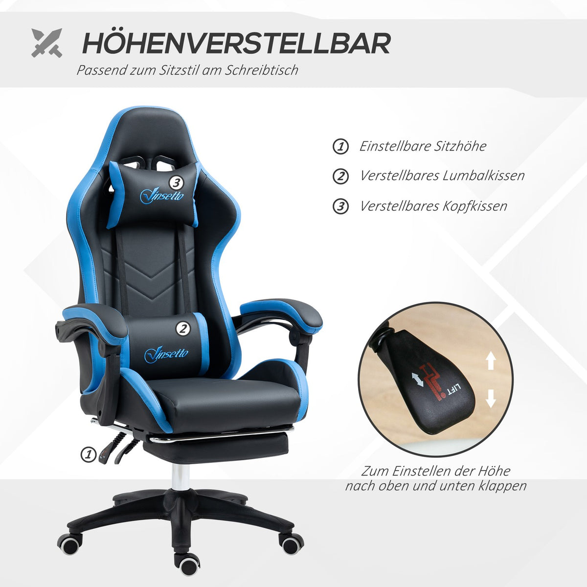 Gaming Chair, Office Chair, Computer Chair With Lumbar Cushion, Headrest, Gaming Chair, Height-Adjustable Desk Chair With Footrest