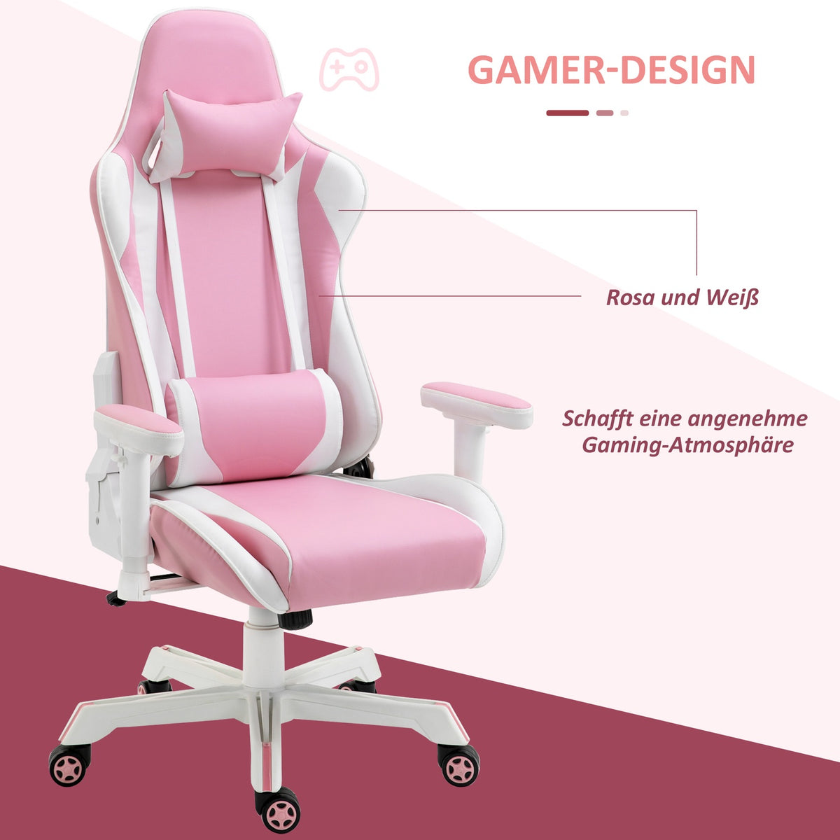 Gaming Chair Office Chair With Headrest, Lumbar Cushion, Height Adjustable, Foam, Faux Leather, Nylon, Pink+White, 71X73X128-138Cm