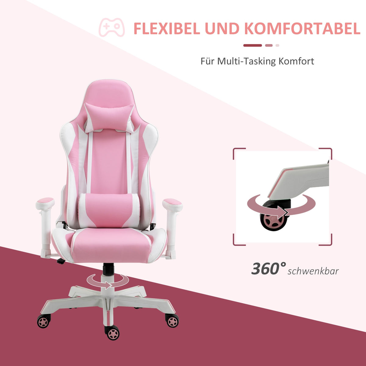 Gaming Chair Office Chair With Headrest, Lumbar Cushion, Height Adjustable, Foam, Faux Leather, Nylon, Pink+White, 71X73X128-138Cm