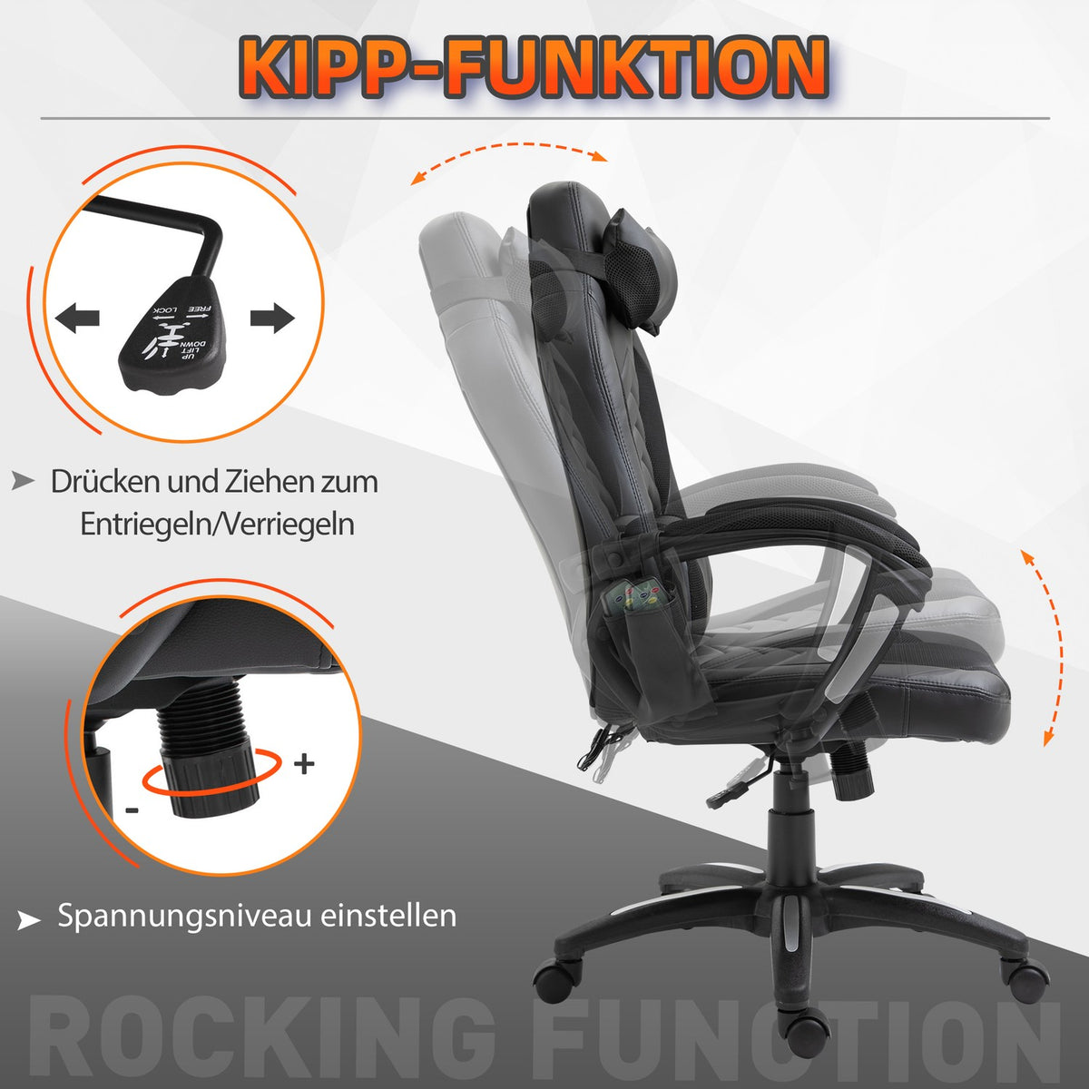Gaming Chair Office Chair With Heat Function 6 Vibration Points Ergonomic Swivel Chair Massage Chair Faux Leather Black W68 X D69 X H (108-117) Cm