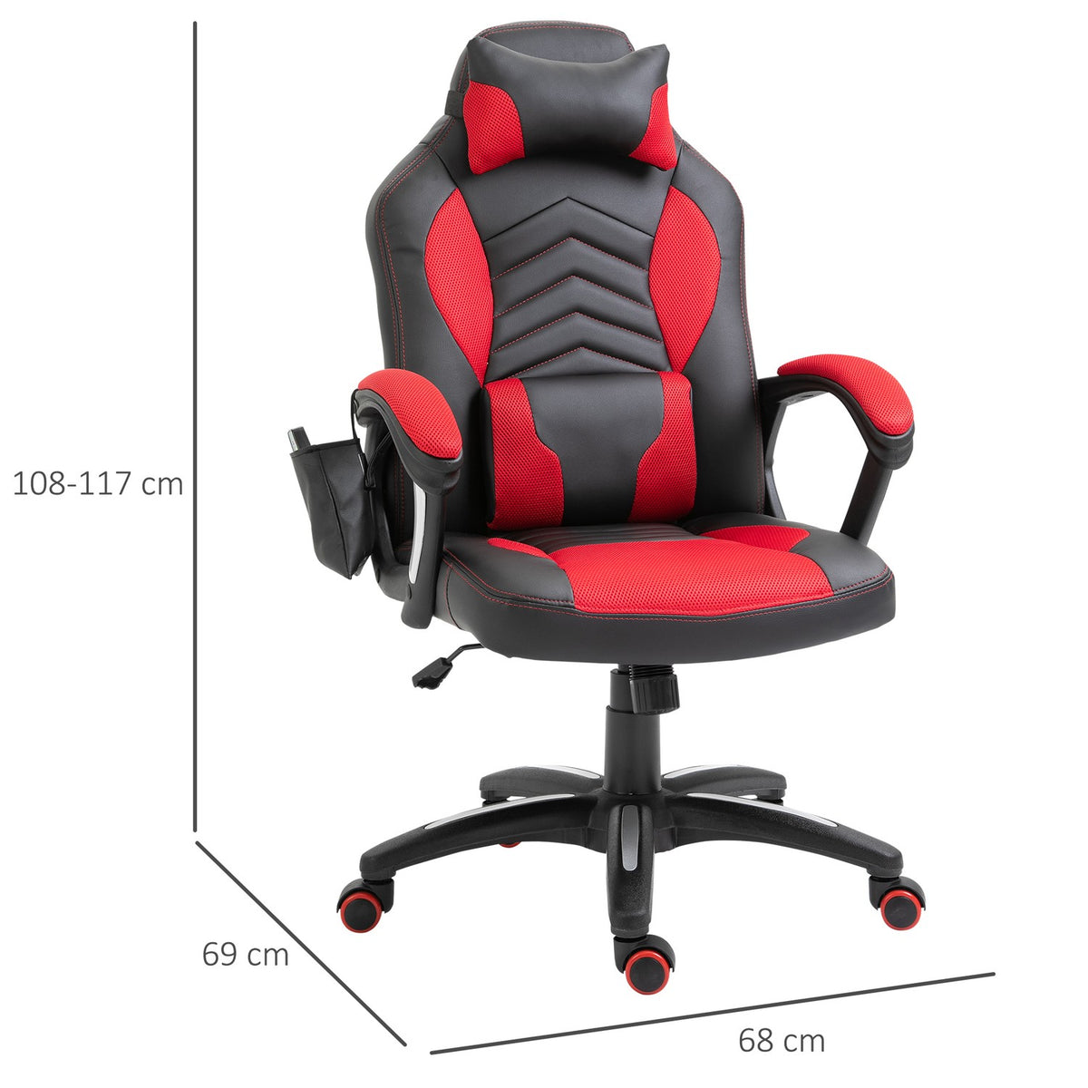 Gaming Chair Office Chair With Massage Function, Massage Chair, Heat Function, 6 Vibration Points, Pu, Red, 68X69X108-117Cm