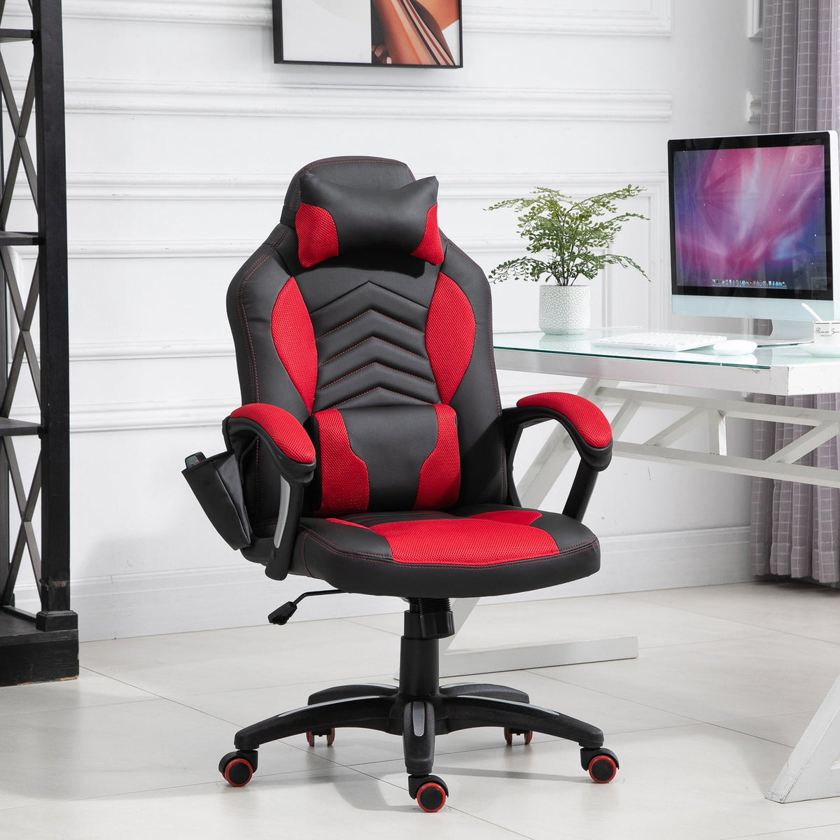 Gaming Chair Office Chair With Massage Function, Massage Chair, Heat Function, 6 Vibration Points, Pu, Red, 68X69X108-117Cm