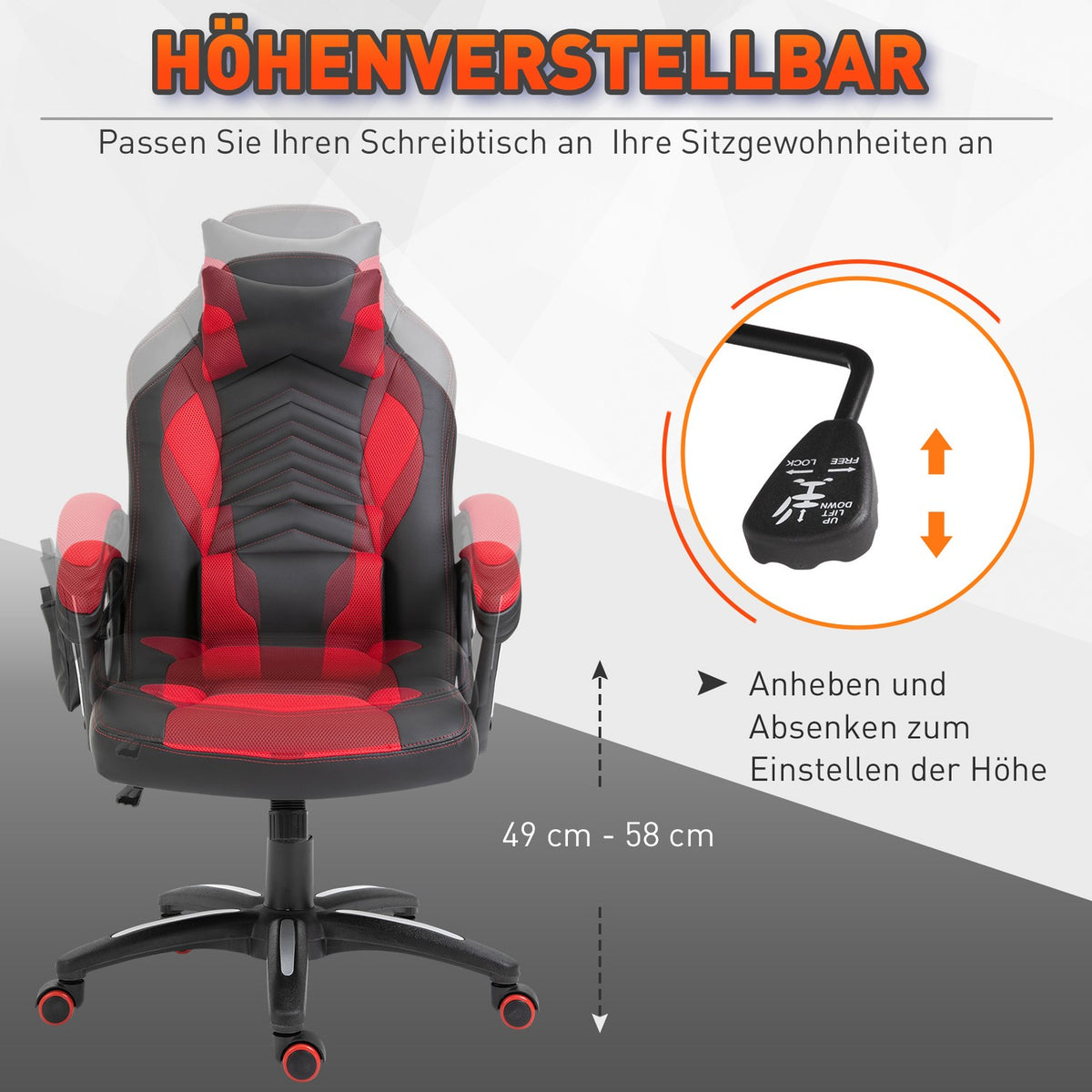 Gaming Chair Office Chair With Massage Function, Massage Chair, Heat Function, 6 Vibration Points, Pu, Red, 68X69X108-117Cm