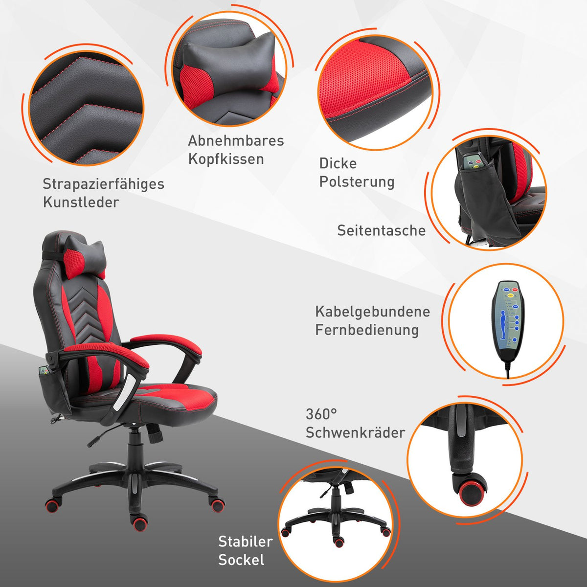 Gaming Chair Office Chair With Massage Function, Massage Chair, Heat Function, 6 Vibration Points, Pu, Red, 68X69X108-117Cm