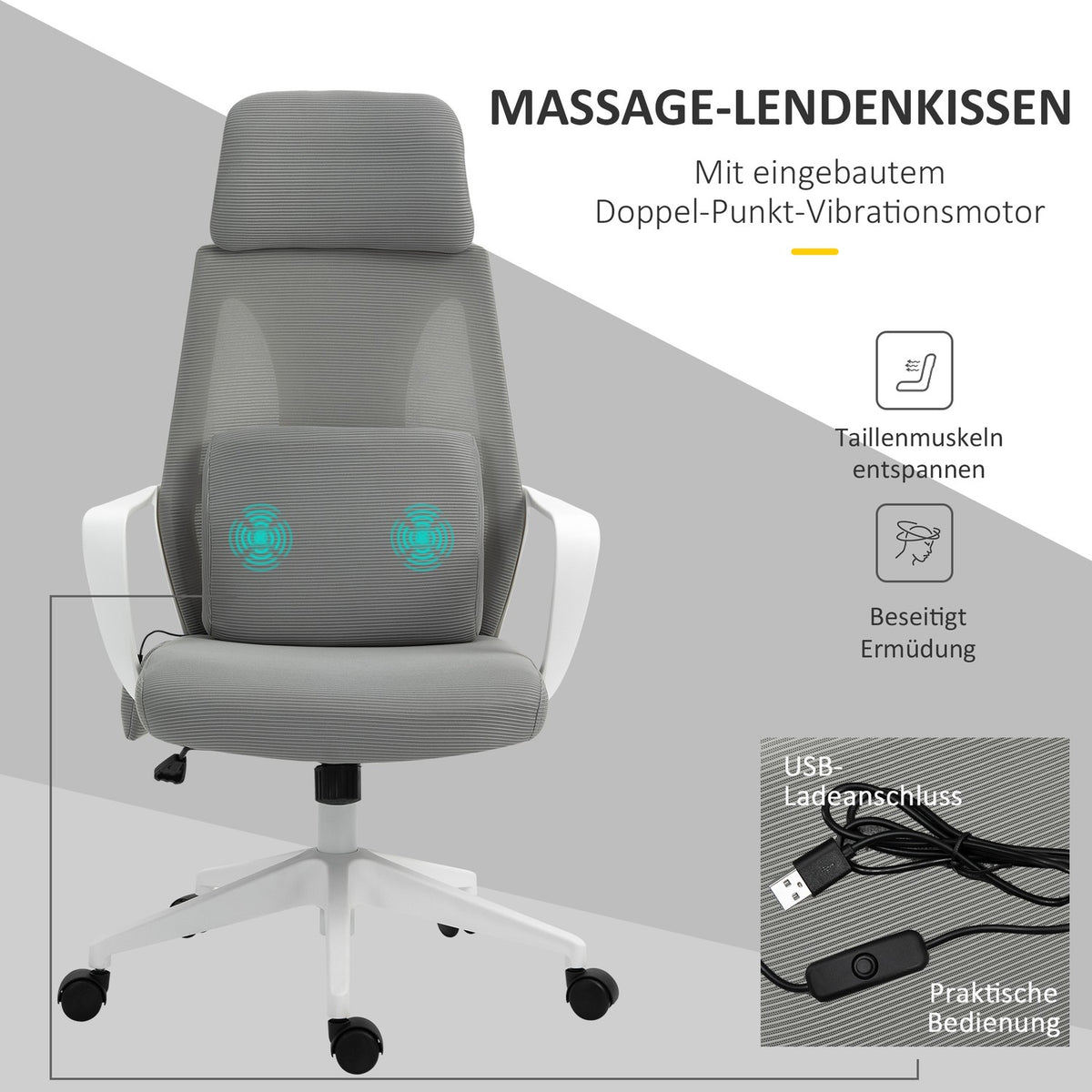 Gaming Chair, Office Chair With Massage Function, Swivel Chair, Ergonomic, Nylon, Gray, 62X60X114-122Cm
