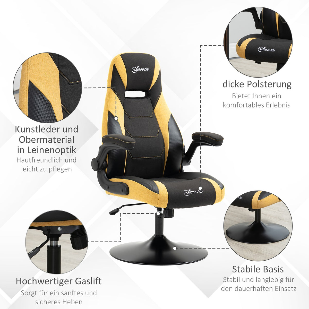 Gaming Chair Rocker Function, Height Adjustable 110-116 Cm, Rotatable, Faux Leather, Yellow+Black, For Playroom