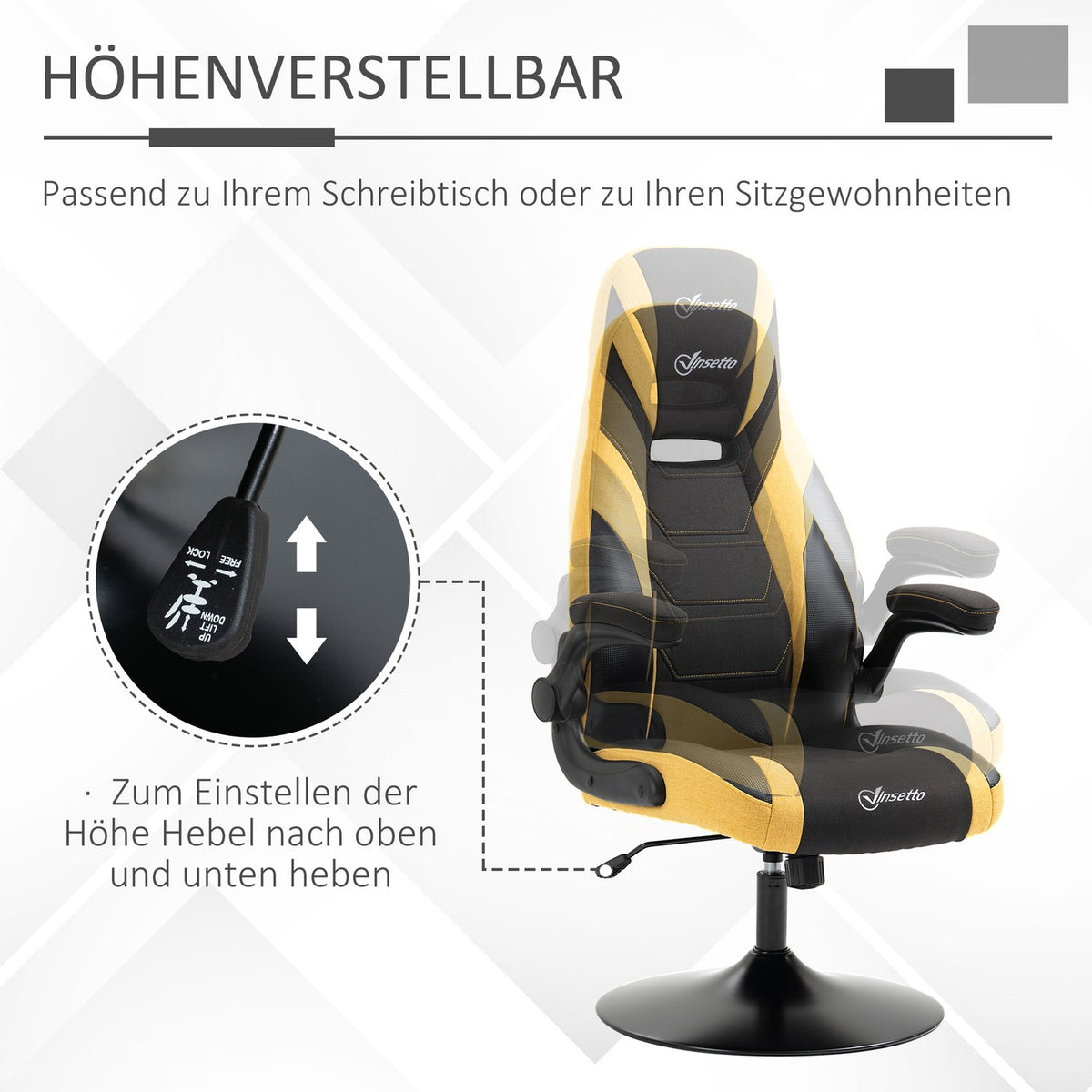 Gaming Chair Rocker Function, Height Adjustable 110-116 Cm, Rotatable, Faux Leather, Yellow+Black, For Playroom