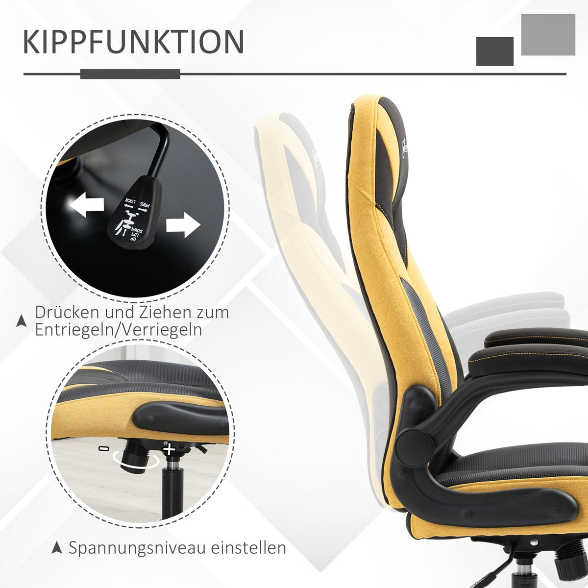 Gaming Chair Rocker Function, Height Adjustable 110-116 Cm, Rotatable, Faux Leather, Yellow+Black, For Playroom