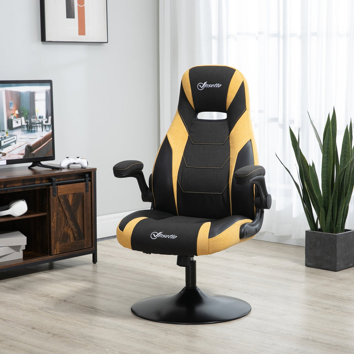 Gaming Chair Rocker Function, Height Adjustable 110-116 Cm, Rotatable, Faux Leather, Yellow+Black, For Playroom