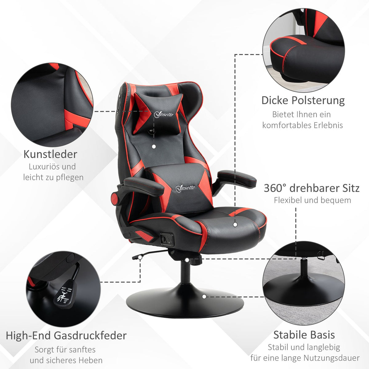 Gaming Chair Rocker Function, Height Adjustable, Ergonomic, Speakers, Lumbar/Neck Support, Faux Leather