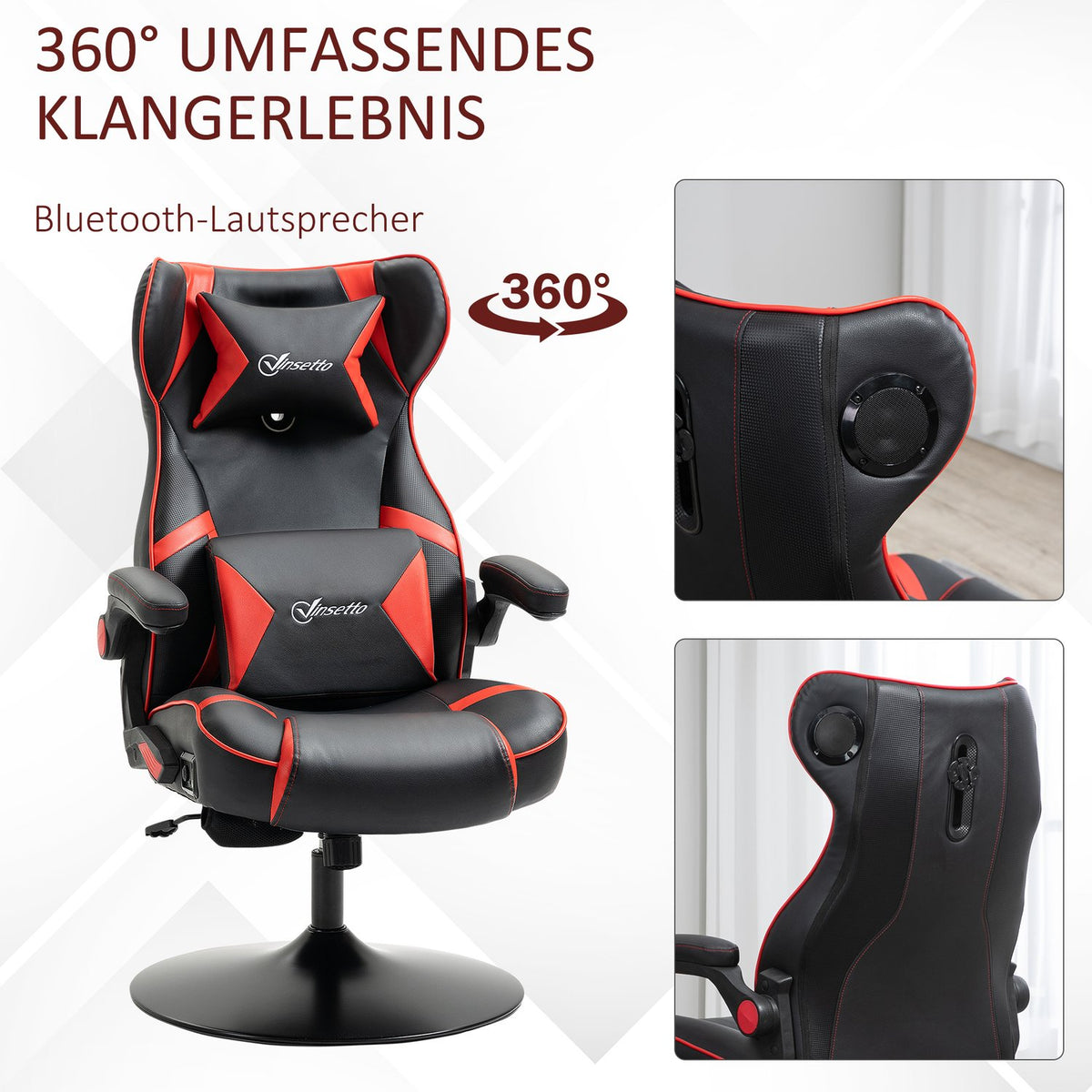Gaming Chair Rocker Function, Height Adjustable, Ergonomic, Speakers, Lumbar/Neck Support, Faux Leather