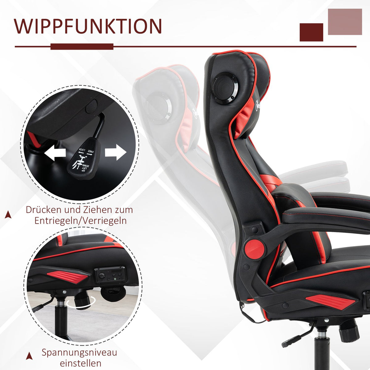 Gaming Chair Rocker Function, Height Adjustable, Ergonomic, Speakers, Lumbar/Neck Support, Faux Leather