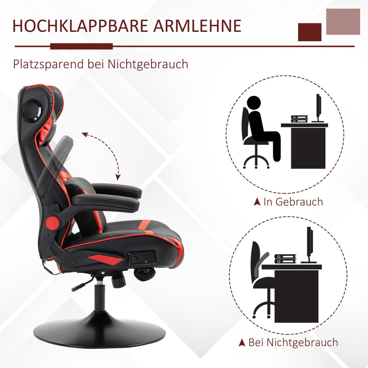 Gaming Chair Rocker Function, Height Adjustable, Ergonomic, Speakers, Lumbar/Neck Support, Faux Leather