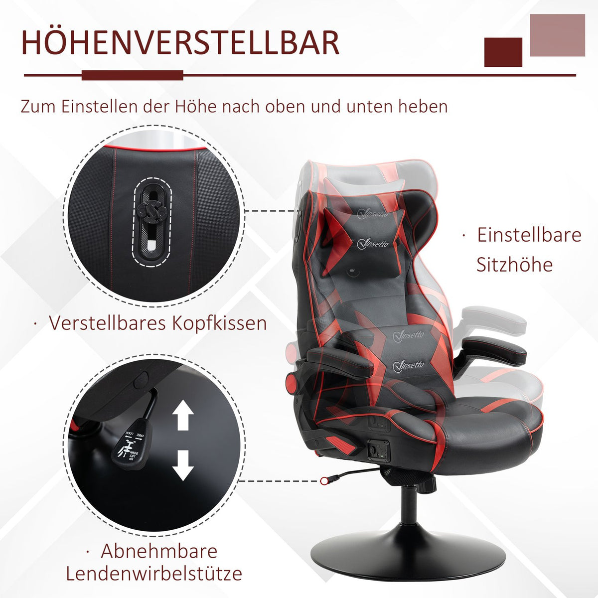 Gaming Chair Rocker Function, Height Adjustable, Ergonomic, Speakers, Lumbar/Neck Support, Faux Leather