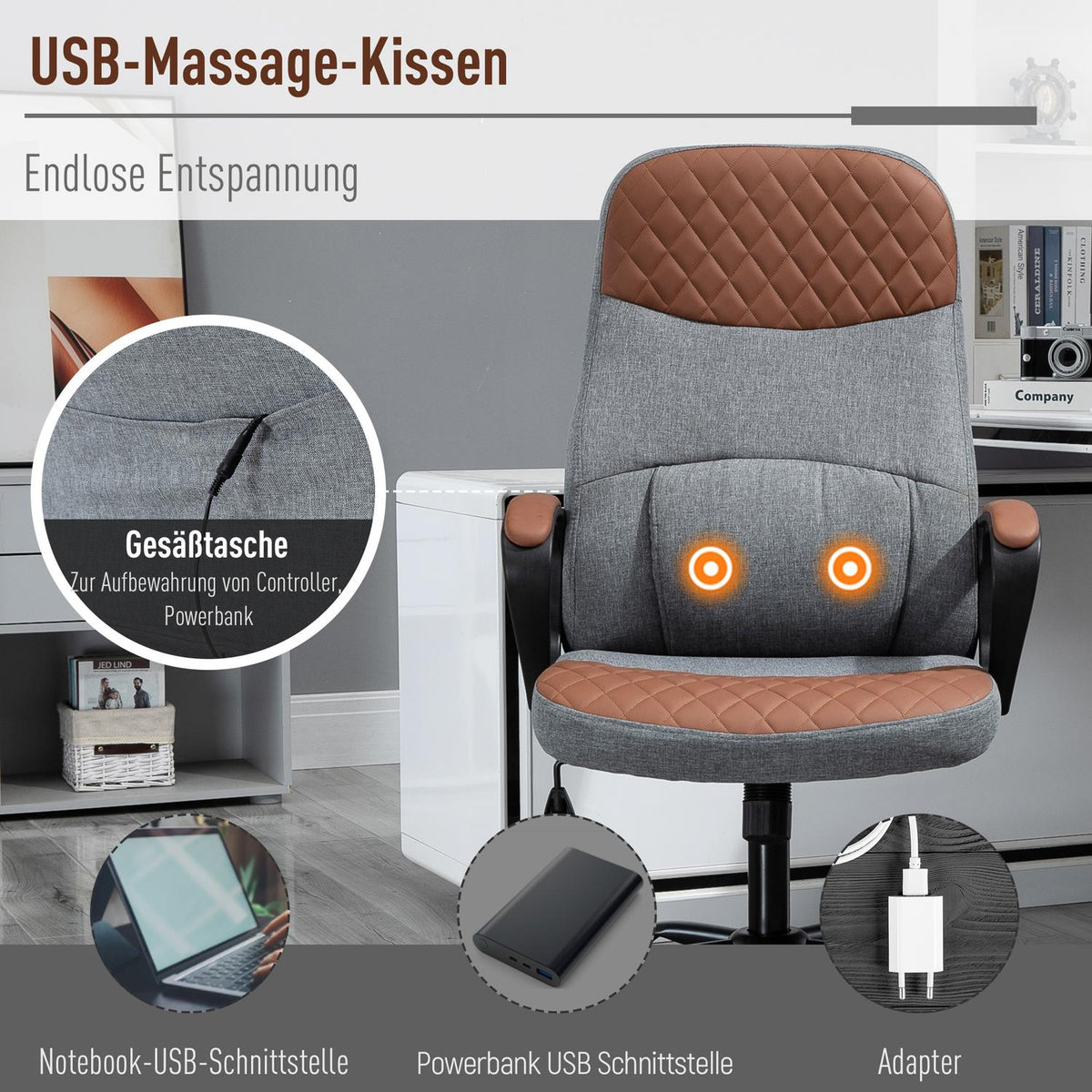 Gaming Chair Swivel Chair, Office Chair, Ergonomic, Pu Leather, Steel, Gray + Brown, 60X70X109-119Cm