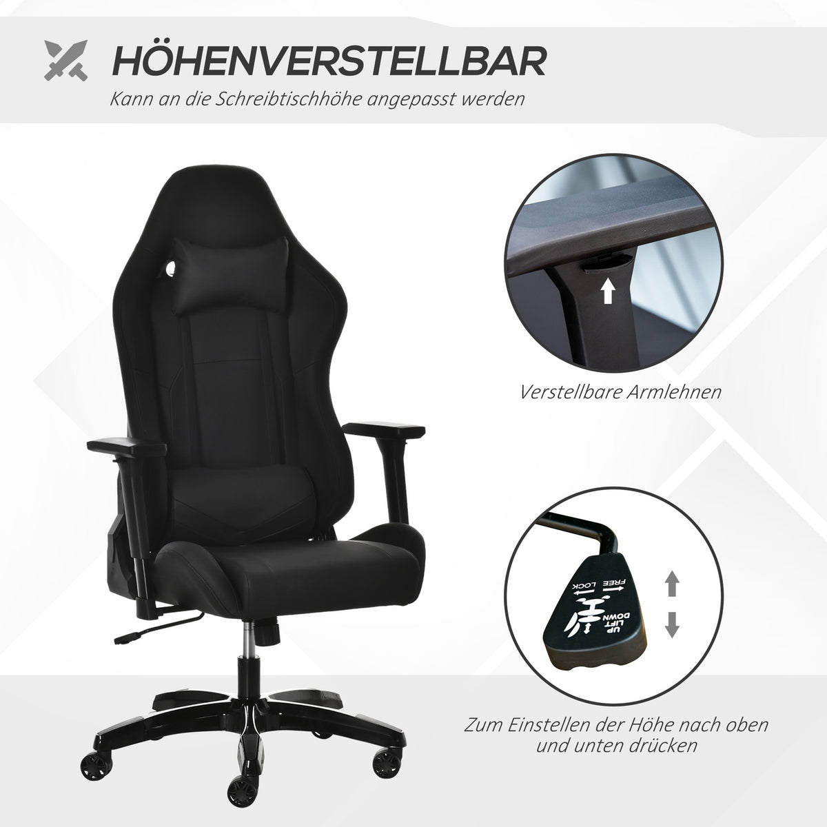 Gaming Chair With Rocker And Reclining Function, Height-Adjustable Office Chair, Ergonomic Swivel Chair, 90-160° Tilt Angle, Faux Leather 71X58X125-131Cm