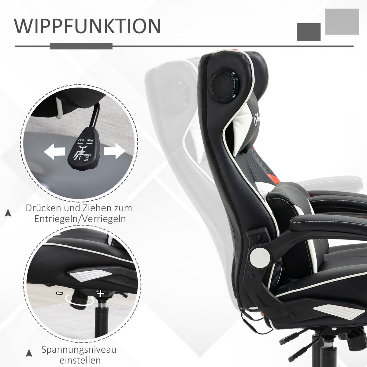 Gaming Chair With Rocker Function, Height-Adjustable Office Chair, Ergonomic Computer Chair With Speaker, Lumbar And Neck Support, Faux Leather