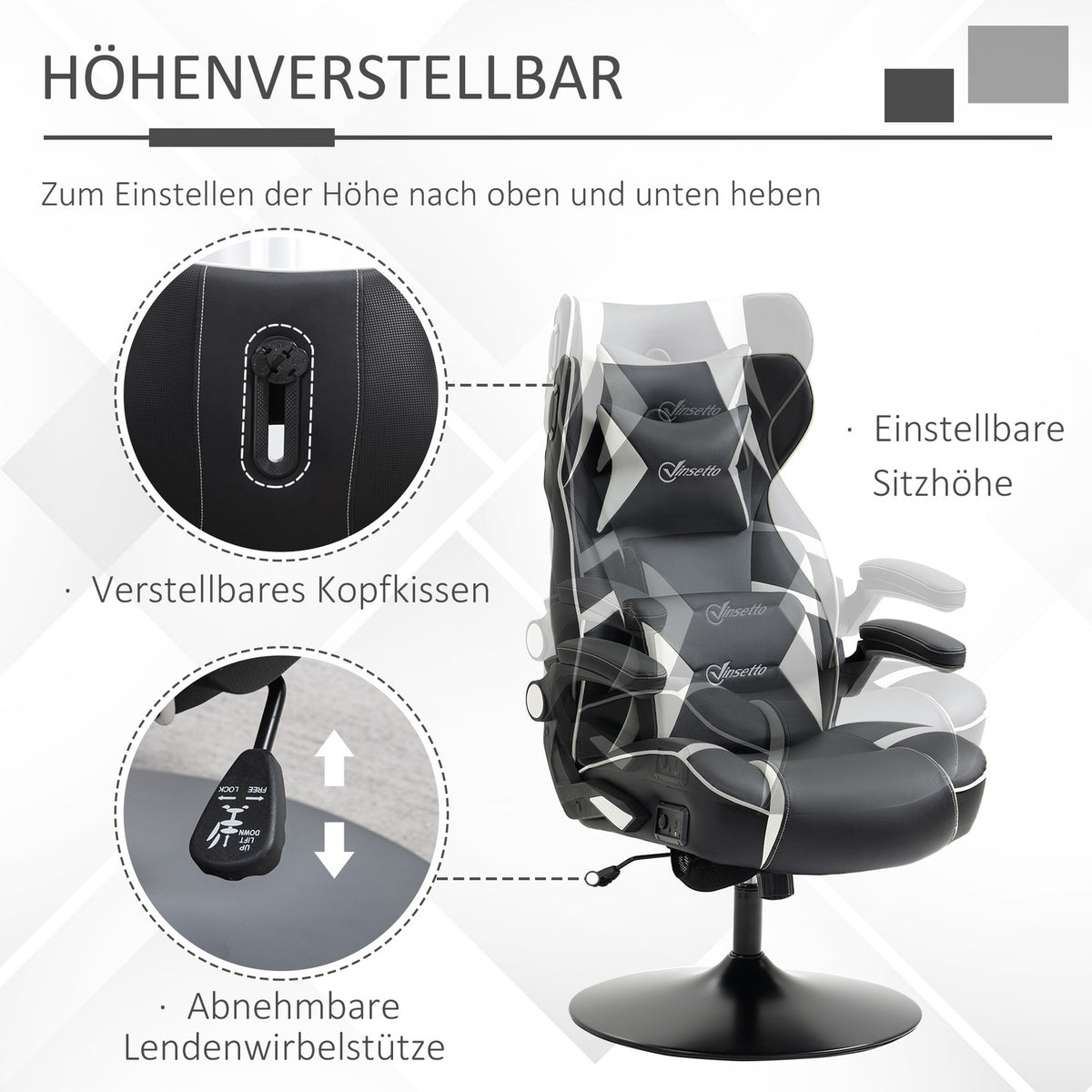 Gaming Chair With Rocker Function, Height-Adjustable Office Chair, Ergonomic Computer Chair With Speaker, Lumbar And Neck Support, Faux Leather