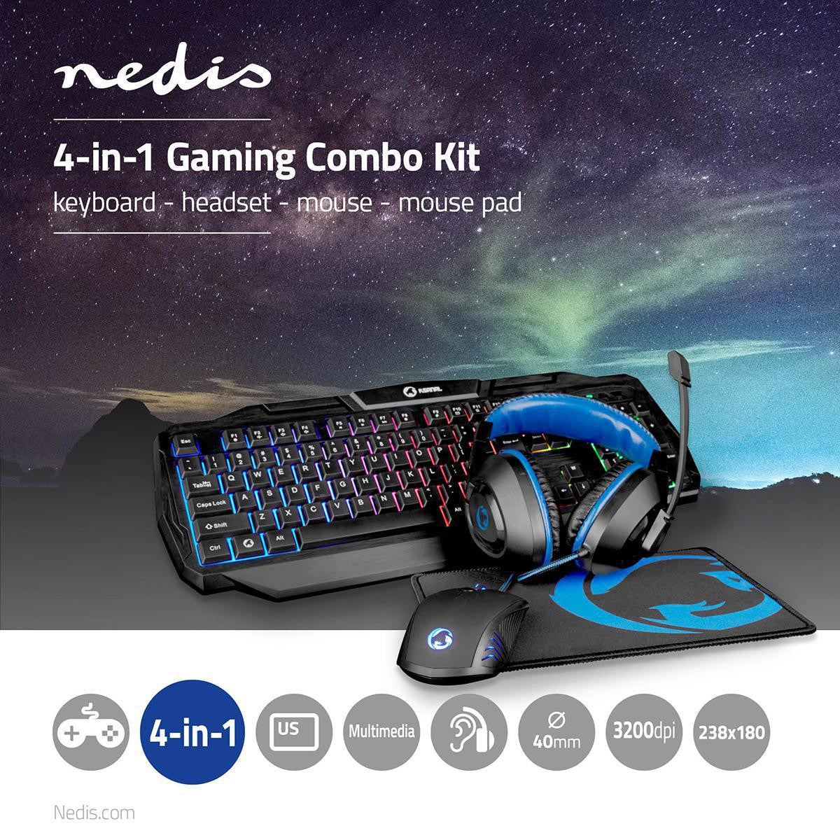 Gaming Combo Kit | 4-in-1 | Keyboard, headset, mouse and mouse pad | Blue / Black | QWERTY | US Layout
