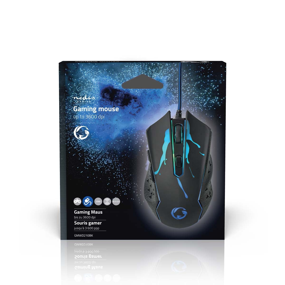 Gaming Mouse | Wire bound | 1200 / 1800 / 2400 / 3600 dpi | Adjustable DPI | Number of buttons: 6 | Programmable buttons | Right-handed | 1.50 m | LEDs