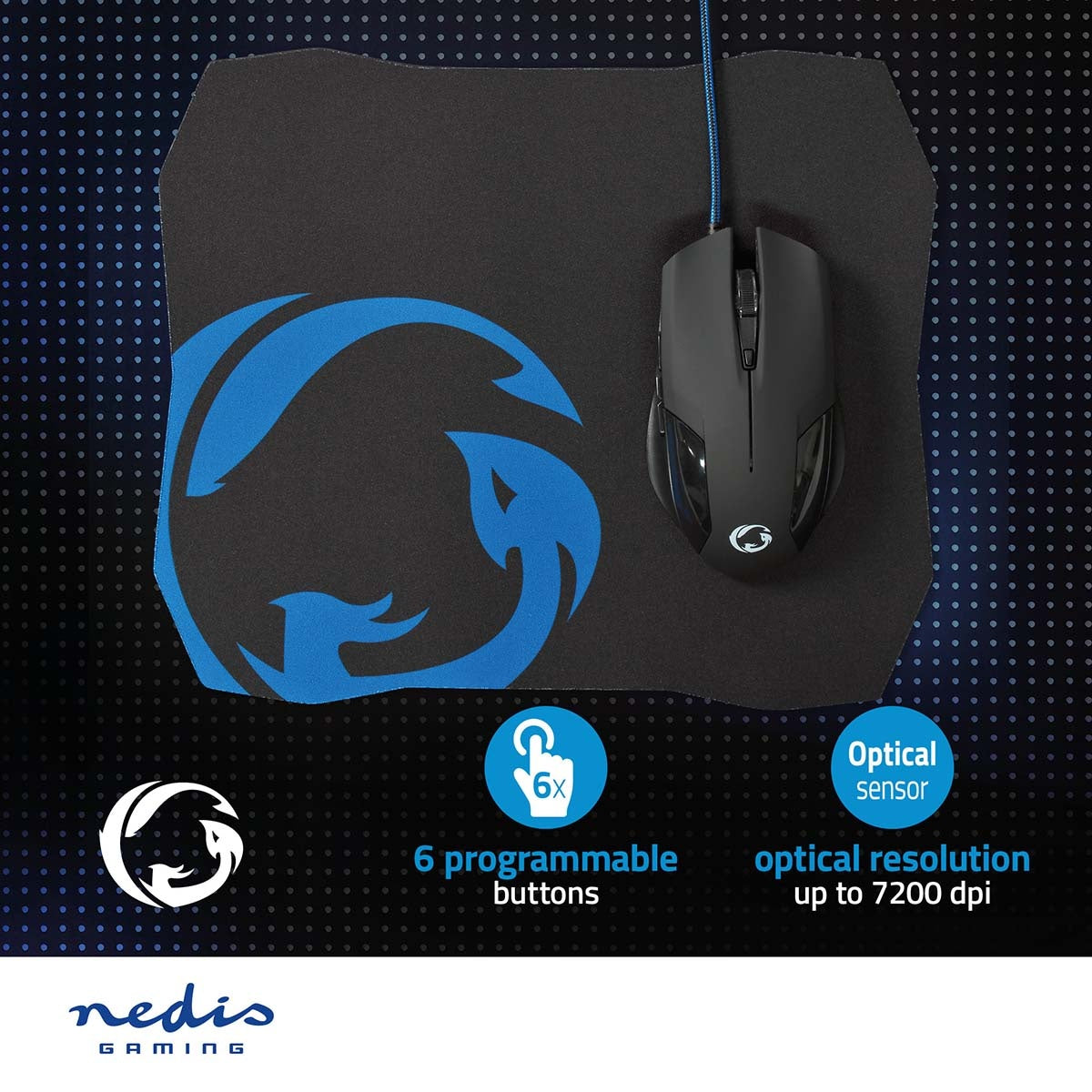 Gaming Mouse and Mouse Pad Set | Wire bound | 1200 / 2400 / 4800 / 7200 dpi | Adjustable DPI | Number of buttons: 6 | Right-handed | 1.50 m | Without Lighting
