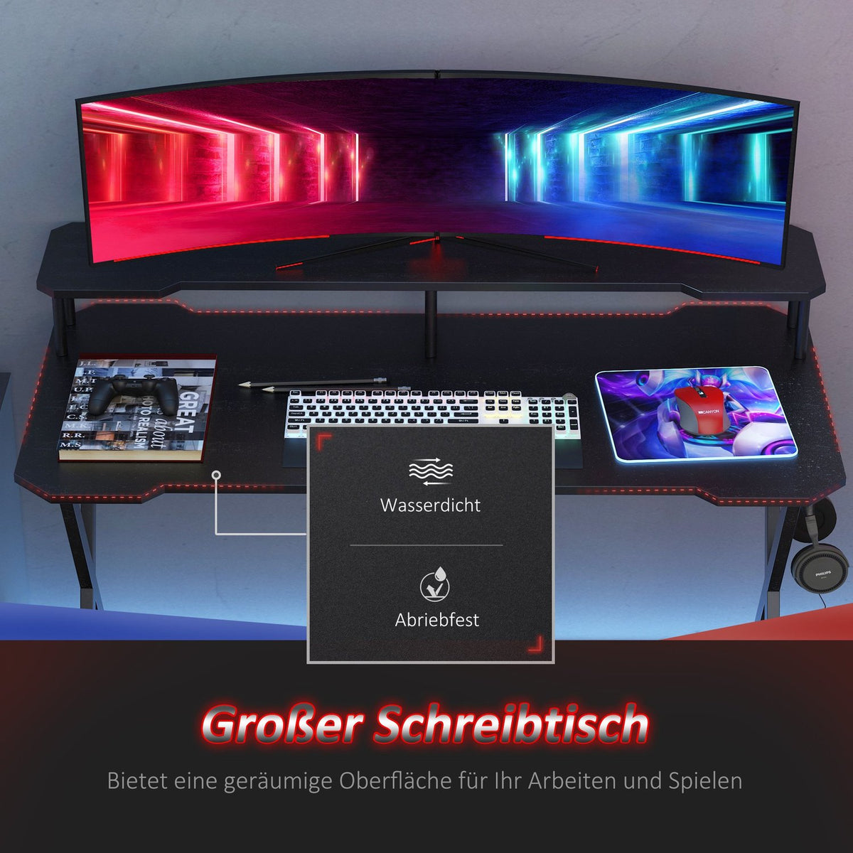 Gaming Table Desk Headphone Hook Steel + Mdf Black 120X60X90Cm